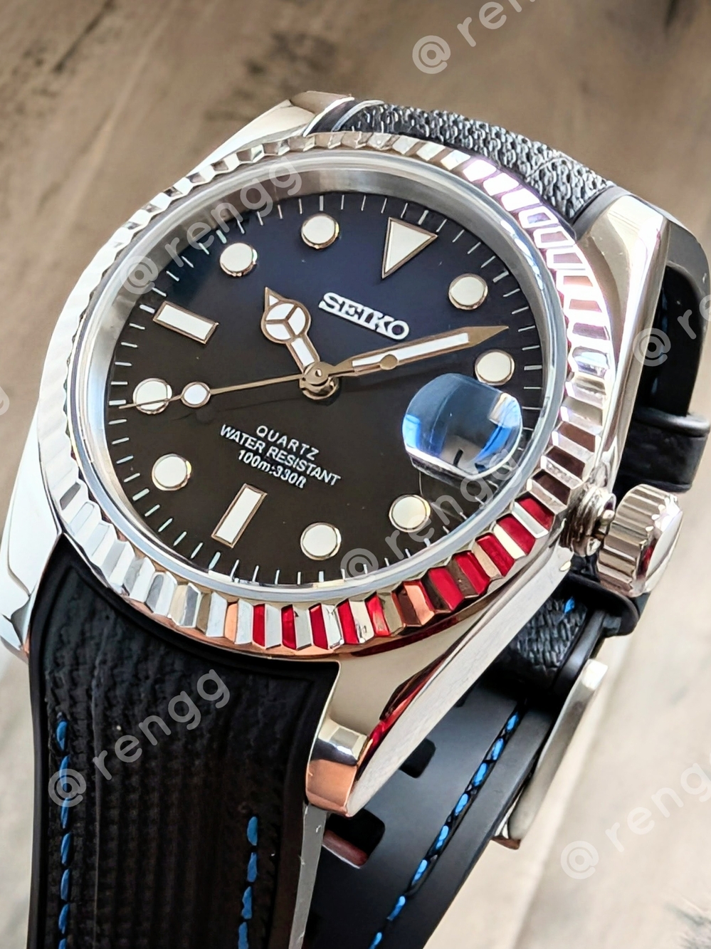 36mm Fluted Seiko Black Blue Mod Dress Watch Sapphire